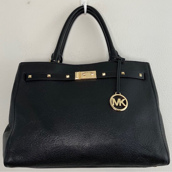 Michael Kors | Black Pebbled Leather Shoulder Bag with Gold Accents - Picture 1 of 15